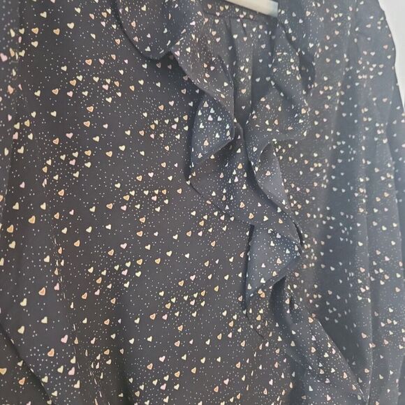 Cabi Blouse Black w/ Colorful Tiny Hearts, Peplum, Ruffles Neckline, Snaps,‎ Sm. - Picture 2 of 10